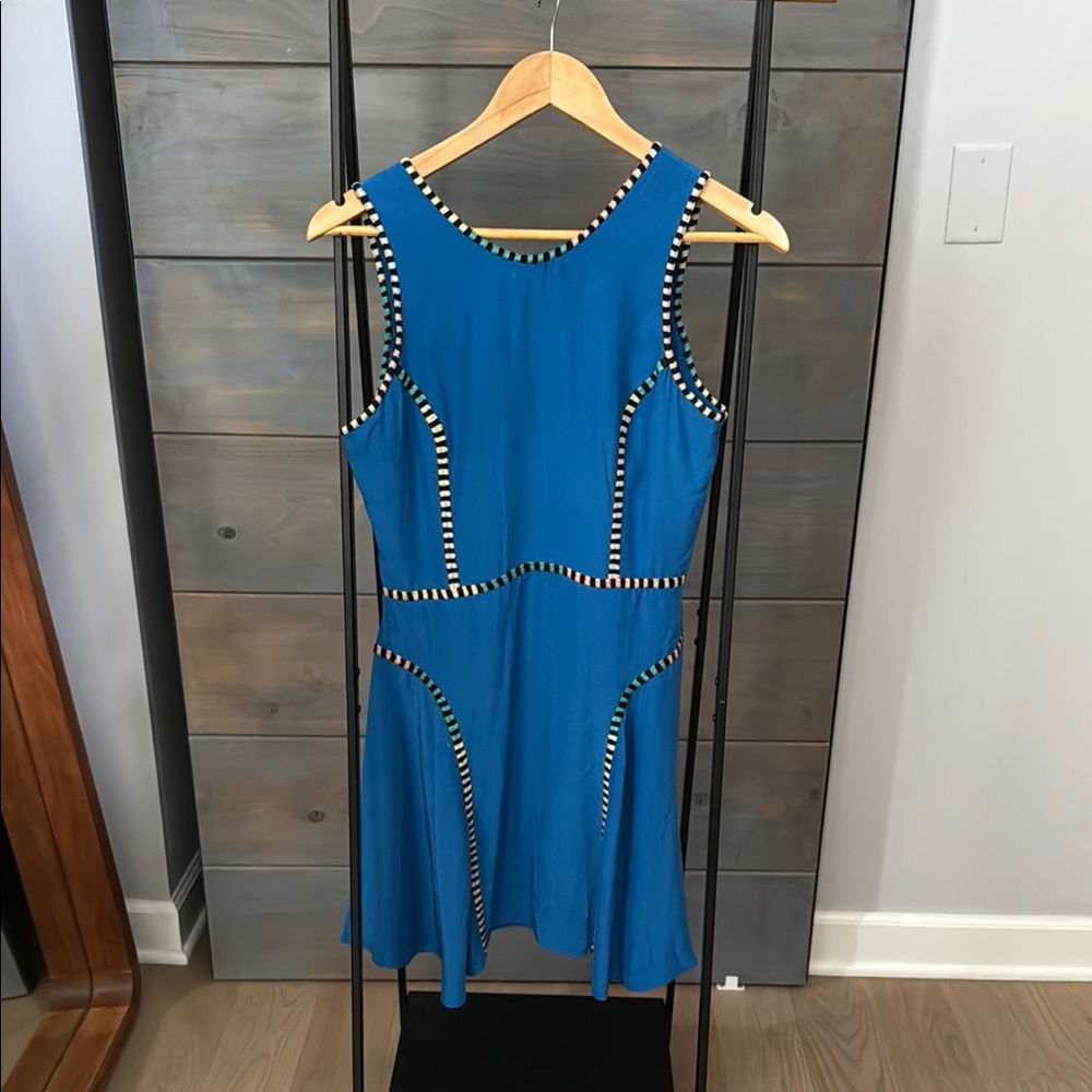 Parker Silk Sleeveless Blue Dress with Colorful Trim
